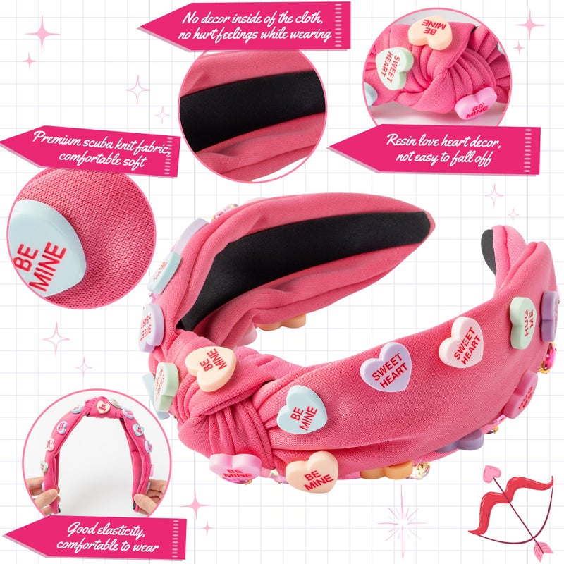 PANTIDE Valentine's Day Conversation Heart Knotted Headband - Love Candy Embellished Headband Non Slip Wide Top Knot Fashion Hairband Hair Accessories Birthday Gift for Women Girls (Hot Pink) - Image 3